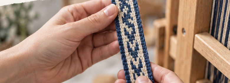 Hands holding a narrow woven band beside an inkle loom